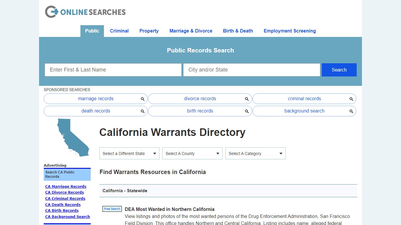California Warrants Search Directory - OnlineSearches.com